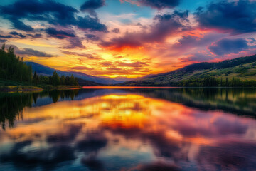 Serene lake reflecting the vibrant colors of the sunset. Generative AI