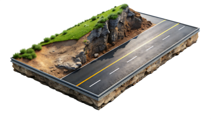 3d illustration with cut of the ground and the desert road floating in the air, isolated -  on white background PNG AI