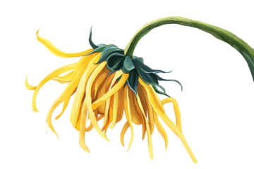 Close up of a drooping, withered sunflower.