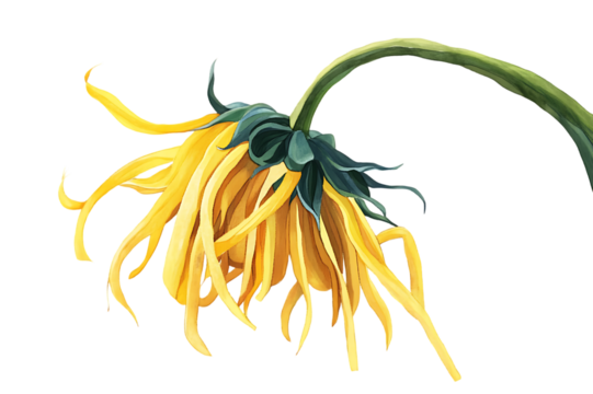 Close up of a drooping, withered sunflower.