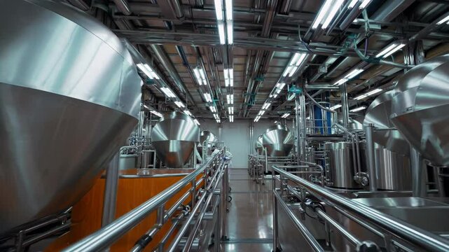 Modern food processing facility showcasing stainless steel machinery, intricate pipe systems, and a dedicated worker navigating the production line