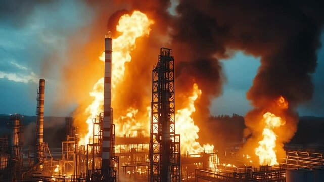 An industrial factory is engulfed in a massive fire, with tall flames and thick black smoke rising into the sky, capturing a dramatic moment of destruction, danger, and environmental disaster.