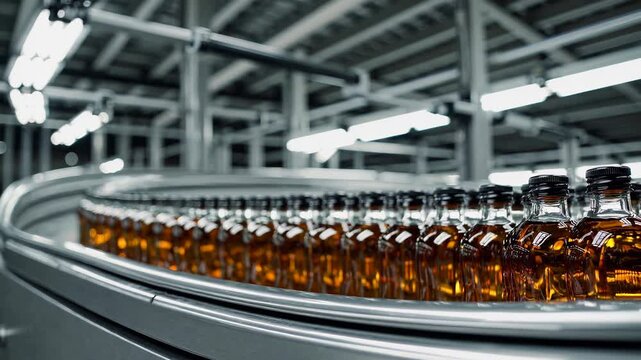Amber liquor bottles moving along conveyor belt inside distillery, representing final production stages of beverage manufacturing process
