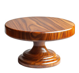 A polished round wooden cake stand with a pedestal base ideal for displaying desserts or other items