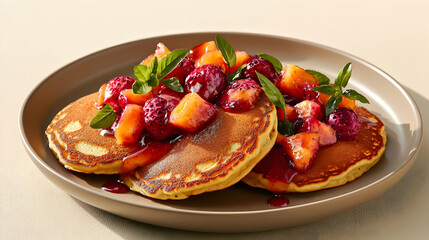 Delicious Stacked Pancakes With Berries And Peach Topping