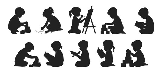 Children engaged in quiet learning and creative activities, vector illustration set. Boys and girls drawing, reading, painting and playing with blocks in silhouette.