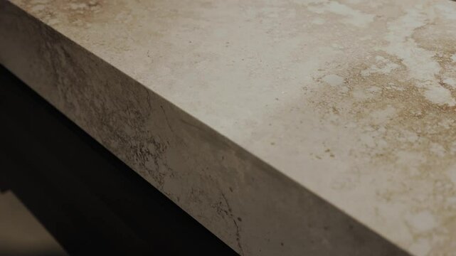 Textured white marble surface in a kitchen with gorgeous wood decor, camera moves slowly back creating a stunning aesthetic