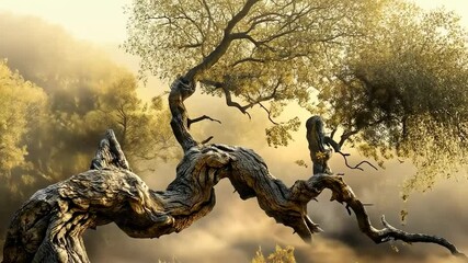Enigmatic ancient tree in a mystical fog - Powered by Adobe