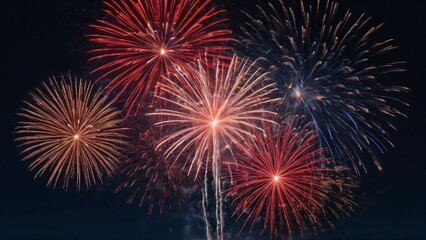 Fototapeta premium Radiant and colorful fireworks display featuring brilliant red, blue, and golden explosions against a dark evening backdrop