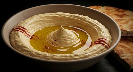 Close-up of hummus with olive oil drizzle and paprika