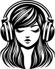 SVG girl with headphones black and white vector file for printing, cutting
