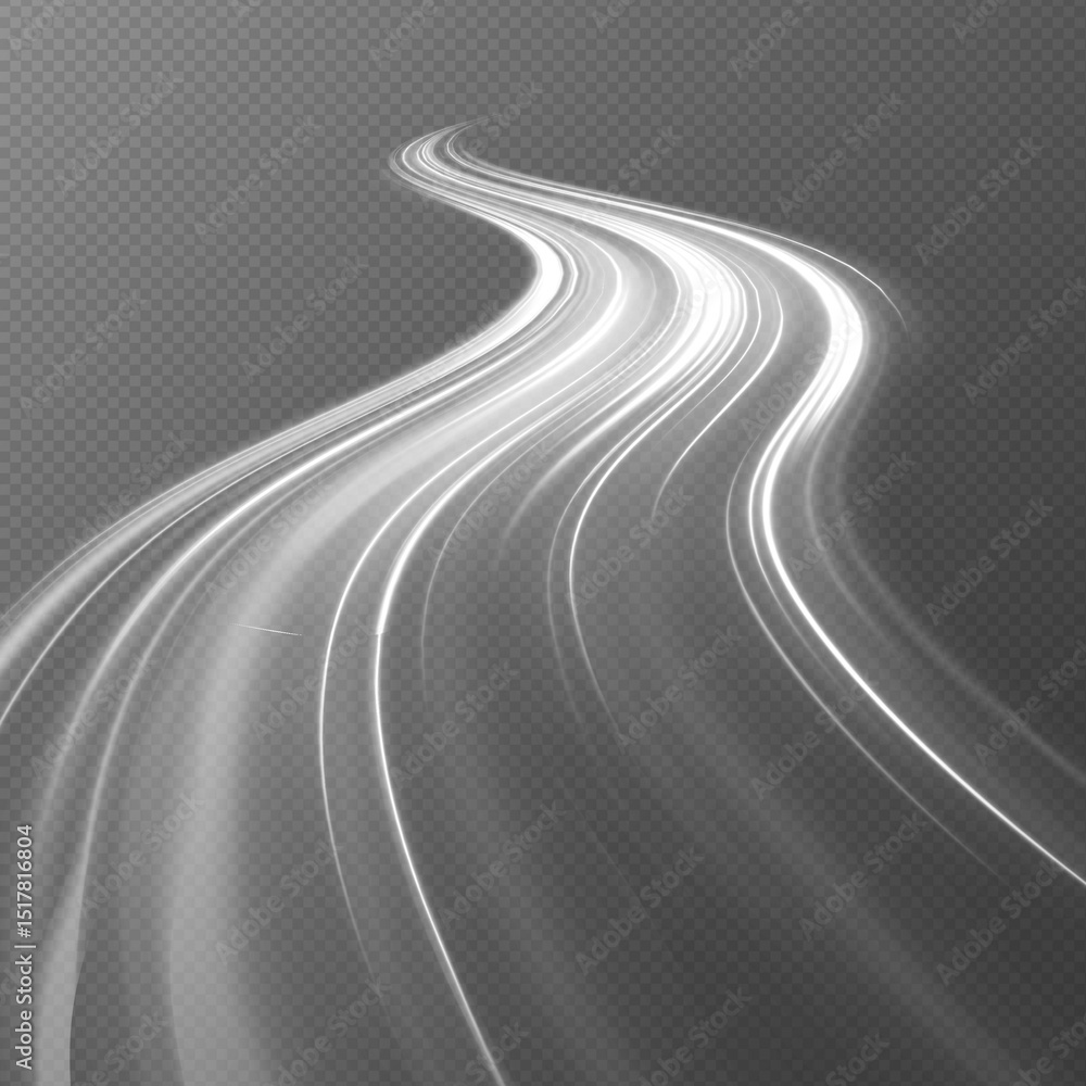 Fototapete Snowy road on gray transparent background.. White bright blurred light lines in wave and speed motion. Abstract vector fire circles, sparkling swirls and energetic light spiral frames.	