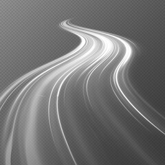 Snowy road on gray transparent background.. White bright blurred light lines in wave and speed motion. Abstract vector fire circles, sparkling swirls and energetic light spiral frames.	