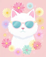 Cute white cat with sunglasses surrounded by colorful flowers on a pastel pink background. Fun and trendy illustration perfect for spring, summer, kids, and stylish animal-themed designs..