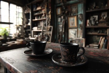 Fototapeta premium Two dark ceramic coffee cups rest on a worn wooden table amidst a cluttered, artistic studio filled with sculptures, paintings, and shelves overflowing with objects
