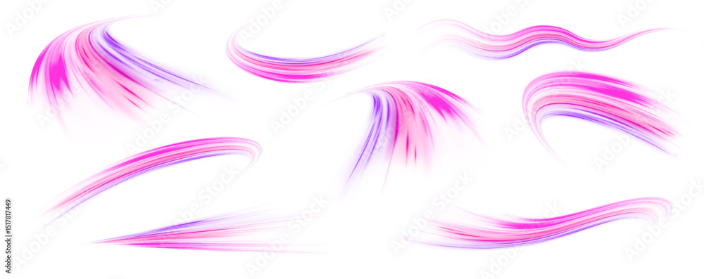 Poster Set of neon speed lines on transparent background PNG. Abstract vector fire circles, sparkling swirls and energy light spiral frames.