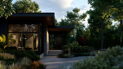 Fototapeta premium Modern House Exterior With Lush Landscaping And Soft Lighting