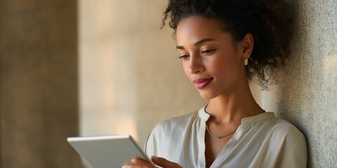 Naklejka premium A woman is looking at a tablet while sitting against a wall. She is wearing a necklace and a gold earring