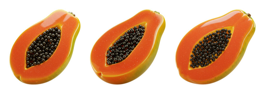 Delicious Fresh Papaya Halves with Black Seeds PNG Transparent Background