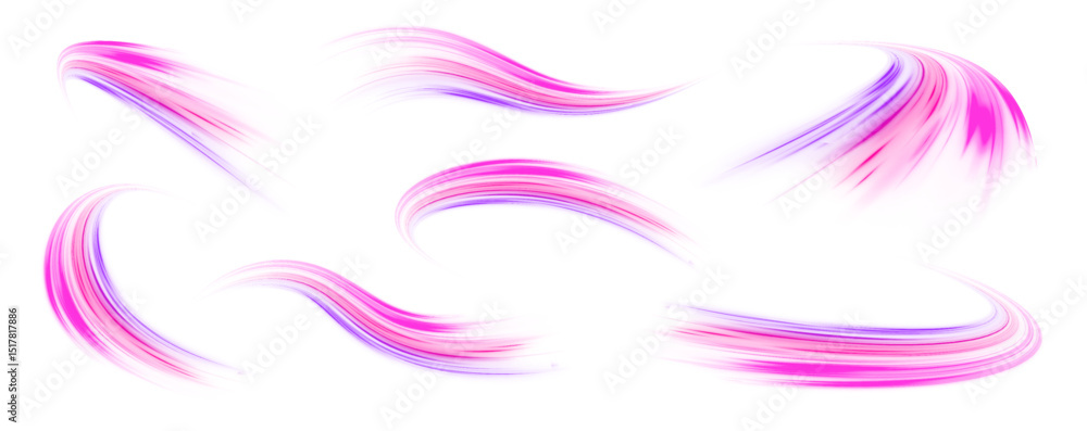 Poster Set of neon speed lines on transparent background PNG. Abstract vector fire circles, sparkling swirls and energy light spiral frames.