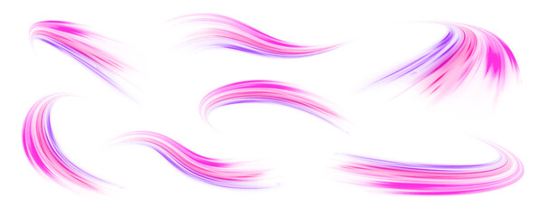 Set of neon speed lines on transparent background PNG. Abstract vector fire circles, sparkling swirls and energy light spiral frames.