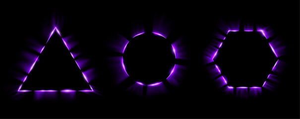 A collection of neon light frames emits a soft blue glow. The background is deep black, enhancing the contrast. Ideal for tech interfaces or speech borders.	