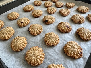 oatmeal cookies on parchment paper on a baking sheet