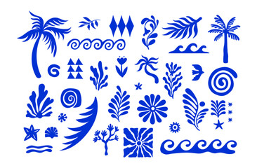 Vector set of hand drawn cut out style elements and illustrations - abstract design elements for party and picnic invitations, summer  greeting cards, prints, in marine coastal style