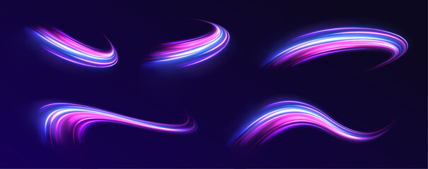 Abstract image of speed motion on the road. Vector glitter light fire flare trace. Dark blue abstract background with ultraviolet neon glow, blurry light lines, waves	