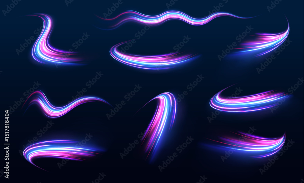 Poster Speed connection vector background. A large set of low-poly designs made of thin lines in the form of branches, spirals and arcs. Long exposure of motorways as speed.	