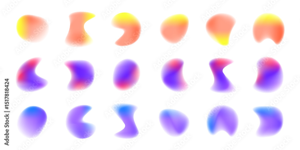Poster Set of defocused soft color gradient circles for creative graphic. Gradient aura, grain neon blob with noise effect vector illustration. Abstract color watercolor blur mesh shape on white background. 