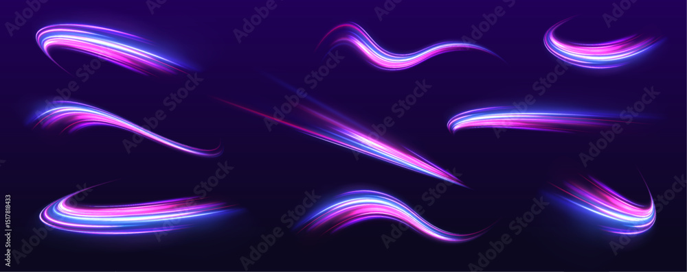 Leinwandbilder Set of neon speed lines on transparent background. Vortex streams of neon light. Abstract vector fire circles, sparkling swirls and energy light spiral frames.	