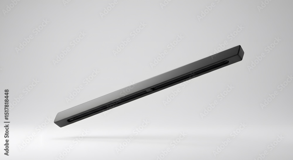 Poster sleek black rectangular object floating in a minimalist studio setting: product photography