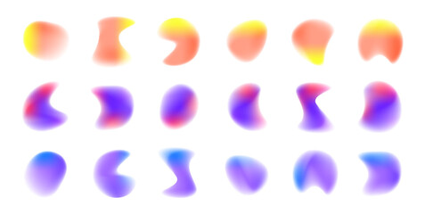 Set of defocused soft color gradient circles for creative graphic. Gradient aura, grain neon blob with noise effect vector illustration. Abstract color watercolor blur mesh shape on white background. 