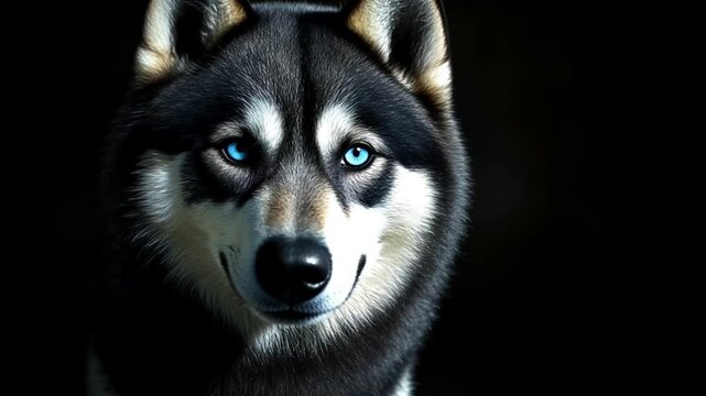 Enigmatic husky portrait with piercing blue eyes against dark backdrop evokes a sense of wild beauty and primal connection with intense focus and dramatic lighting