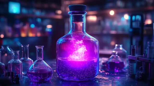 Colorful glowing potion in a laboratory surrounded by various glassware and vibrant liquids