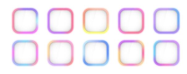 Illustration of neon electric style square frame. Gradient pink purple blue color. Isolated on transparent background. PNG	