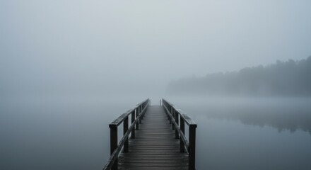 Naklejka premium A foggy morning with a wooden pier extending into a calm lake, creating a serene and mysterious atmosphere.
