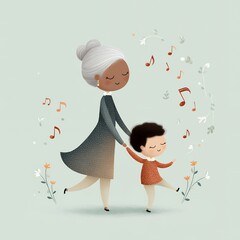 A woman is holding a child's hand and they are both dancing. The child is wearing a red shirt