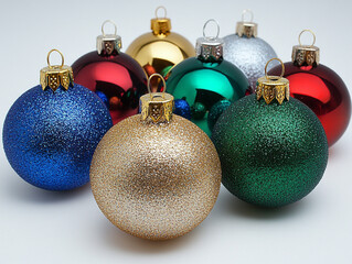Set of different colored elegant Christmas balls against white background, AI generated