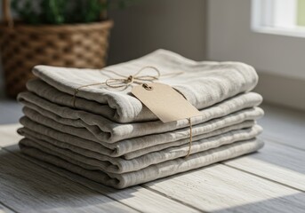 Folded linen napkins with tag on wooden surface