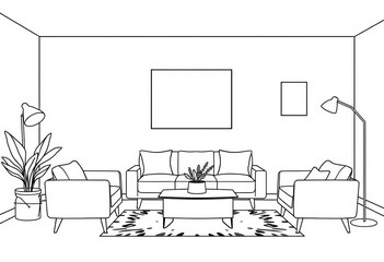 Minimalist black & white line art furniture and decor; simple vector illustrations for interior design,  line art,  objects