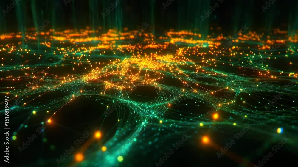 Poster abstract neural network data transmission visualization with glowing dots and lines