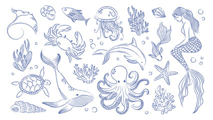 Doodle marine elements set. Pen drawn vintage sea elements. Mermaid, sea animals, jellyfish, coral clipart © Sonika