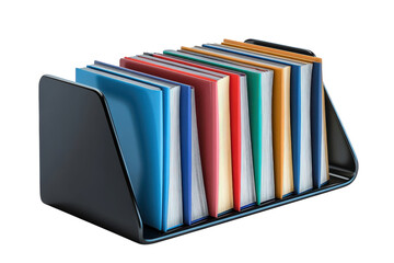 A vibrant collection of bound books arranged neatly offering knowledge on transparent background