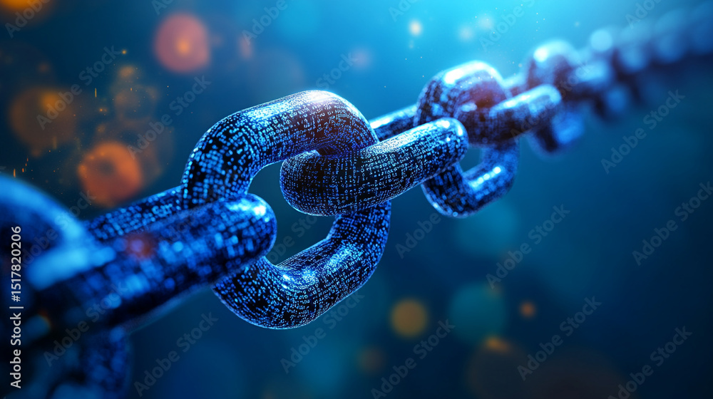 Poster a close up view of a digital chain with a blue hue and a dark background with bokeh effect