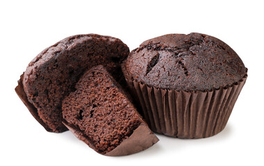 Chocolate muffin and pieces close-up on a white. Isolated