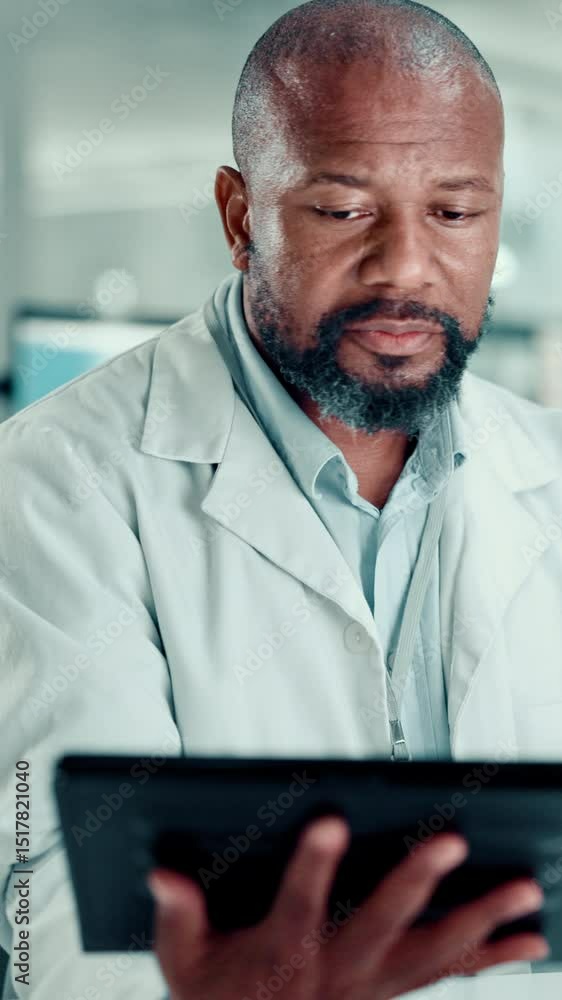 Poster man, scientist and research with tablet at laboratory for experiment results or medical tests. male 