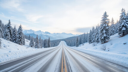 Serene winter landscape featuring snow covered road surrounded by tall evergreen trees and majestic mountains background. scene evokes sense