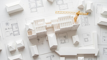 Detailed architectural model sits atop blueprints, showcasing construction site with crane. scene captures essence of urban development and design